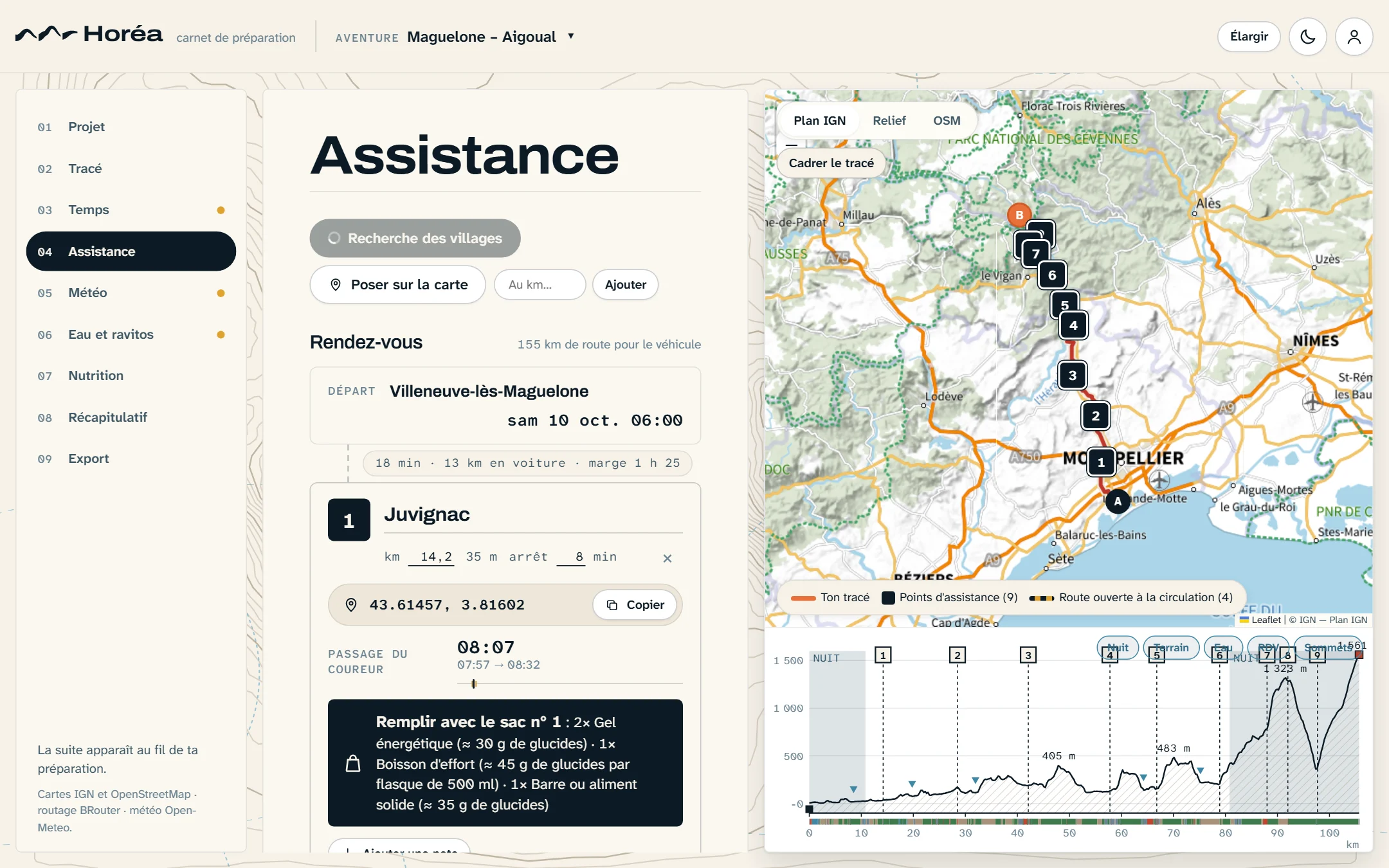 La planche Assistance : les rendez-vous numérotés sur la carte, avec le sac à remplir.