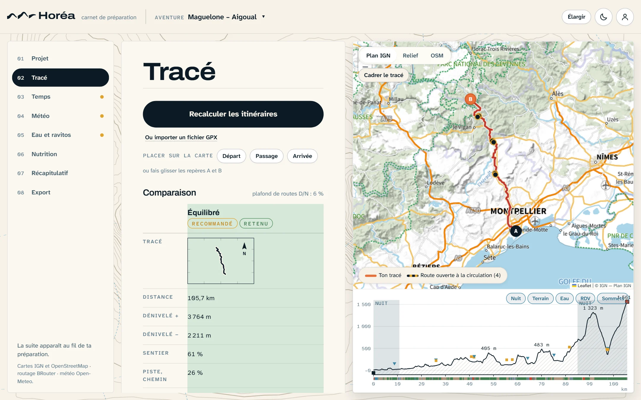 La planche Tracé : la carte avec l'itinéraire de Maguelone à l'Aigoual et son profil altimétrique.