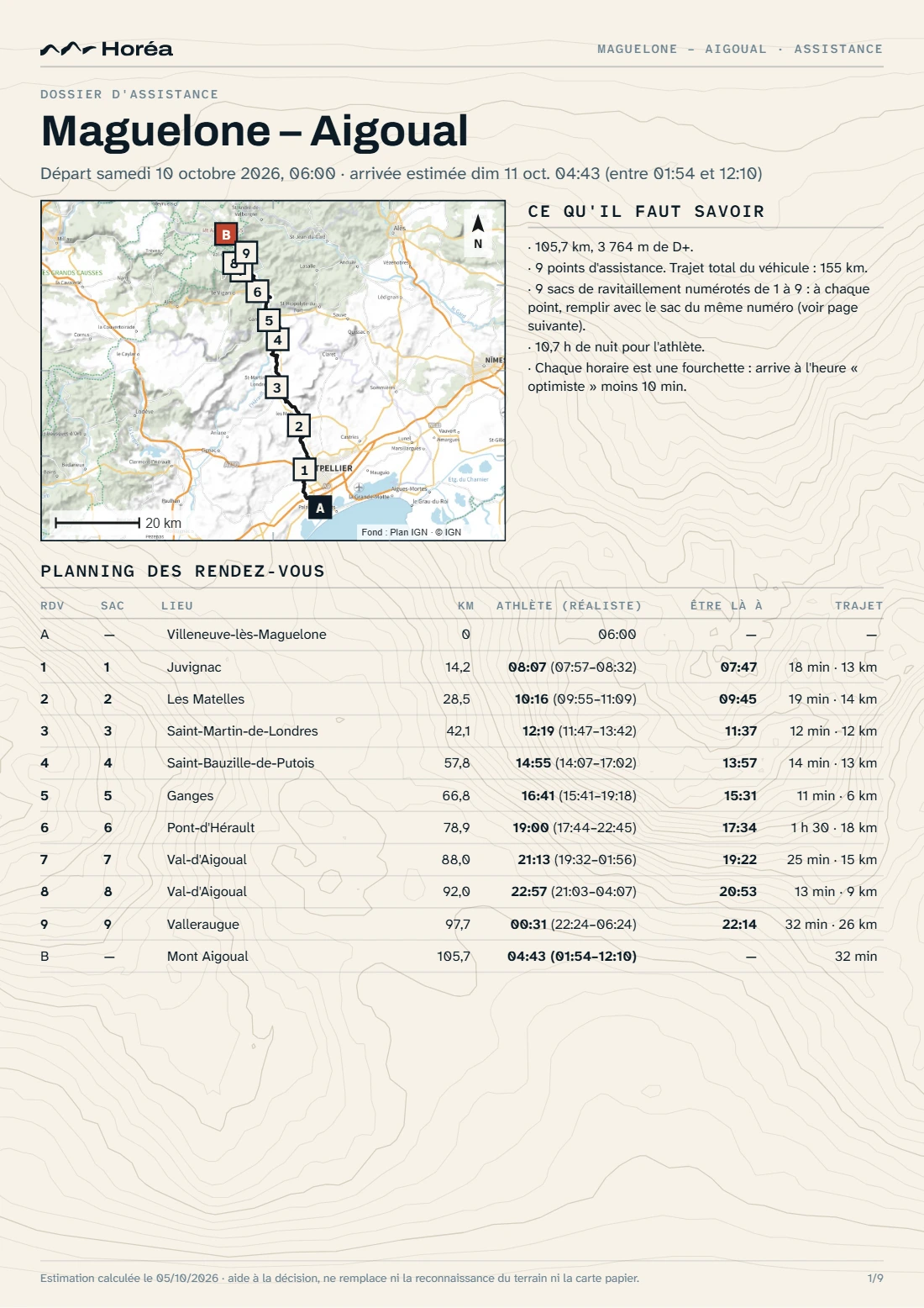 Le planning des rendez-vous avec le tracé et les heures de passage.